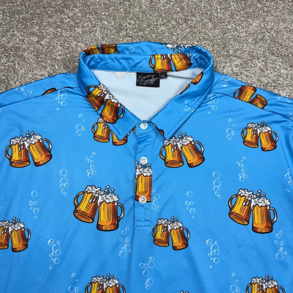 Sunday Swagger Mens 4XL Blue Beer Mug Print Performance Golf Polo Shirt SS AOP